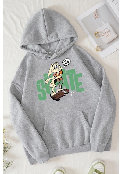 Uyguntarz Unisex All Day Rabbit Baskılı Sweatshirt Gri
