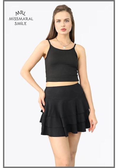 Mykonos Etek Siyah Içte Sabit Şortlu Yüksek Bel Likralı Bürümcük Kumaş Skirt With Shorts 1101 Siyah
