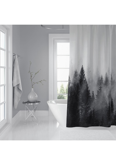 Banyo Duş Perdesi Sisli Orman Desen Dijital Baskılı Banyo Perdesi, Tek Kanat C Halkalı-180x200 Cm Çok Renkli