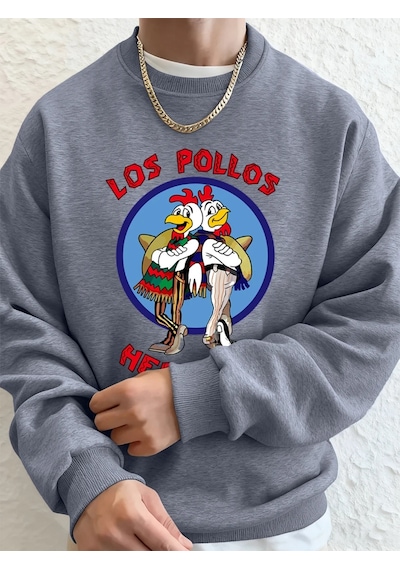 Startmore Tarzsokak Los Pollos Hermanos Baskılı Erkek Kazak Kış Gevşek Kapüşonlular Spor Bisiklet Yaka Polar Sıca Gri