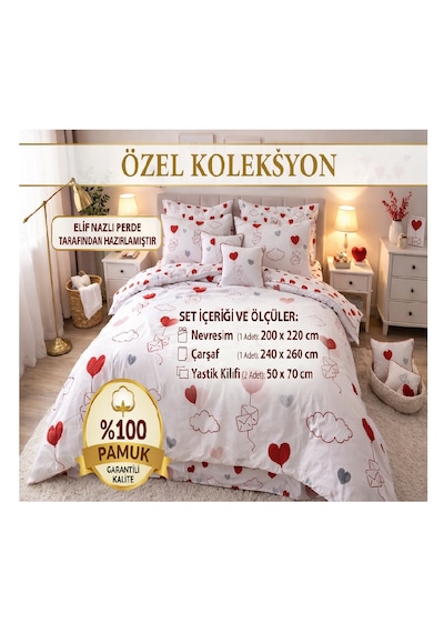 Çift Kişilik Nevresim Takımı- %100 Pamuk-kalp Desenli Beyaz - Kırmızı