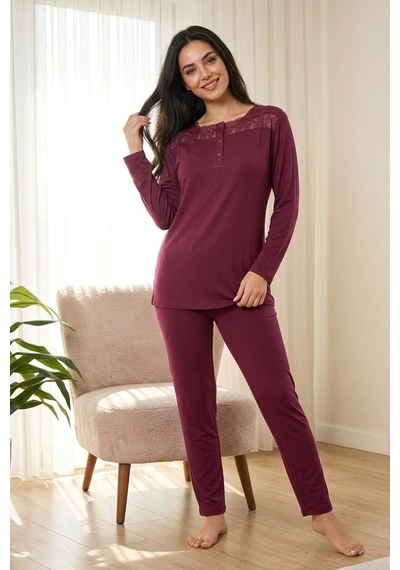 Aura Collections Kadın Dantelli Bambu Viskon Uzun Kollu Mevsimlik Soft Örme Pijama Takımı Bordo