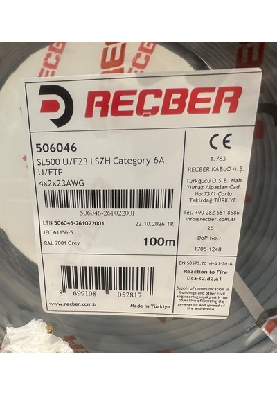 Reçber Sl500 U/f23 Lszh Cat 6a U/ftp 100 Metre Gri