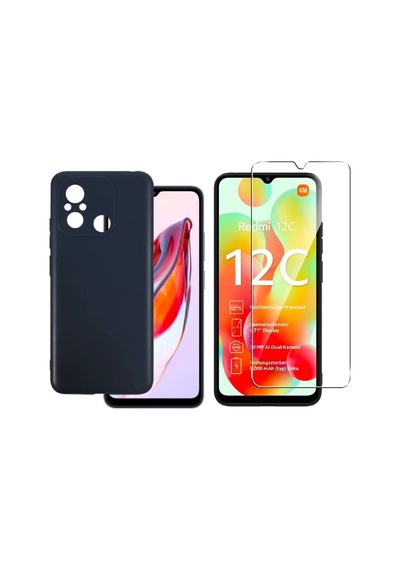 Xiaomi Redmi 12c Uyumlu Kılıf Esnek Silikon Telefon Kılıfı Ve Temperli Cam Ekran Koruyucu Siyah