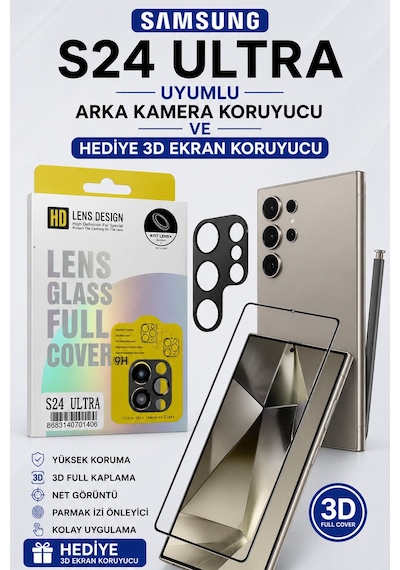 Samsung S24 Ultra Uyumlu Arka Kamera Koruyucu+ Full Ekran Koruyucu Si Yah