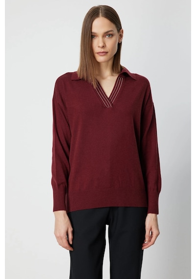 On Fashion Kadın Yakası Zincirli Polo Yaka Bordo Kazak 66336 Bordo