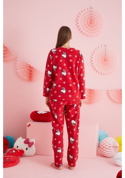 Siyah İnci Lisanslı Polar Çok Renkli Bisklet Yaka Pijama Takım Hk324 Kırmızı