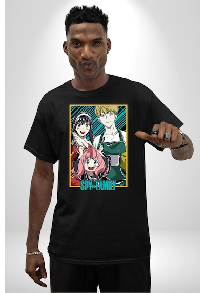 Spy X Family Anime Özel Tasarım Pamuklu Bisiklet Yaka Unisex Oversize Boyfriend Dijital Baskılı Siyah T-shirt Siyah