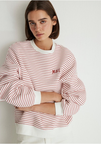 Mavi - Mavi Logo Baskılı Kırmızı Çizgili Sweatshirt 1s10100-86680 Kırmızı