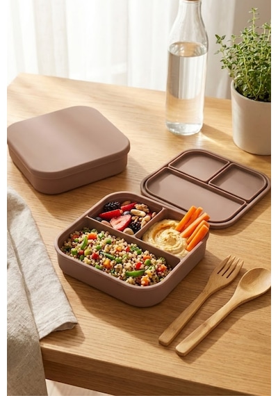 3 Bölmeli Silikon Saklama Kabı Kapaklı, Sızdırmaz, Lunch Box & Öğün Kabı Toprak Renk Toprak