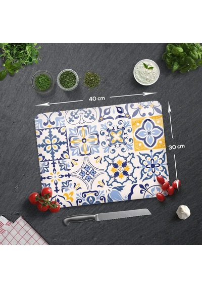 Mavi Çini Desen Cam Kesme Tahtası 29cm X 34cm Diğer