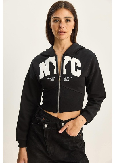 Shade Kadın Nyc Nakışlı Üç İplik Şardonlu Kapüşonlu Crop Hırka 6942 60283794 - Siyah