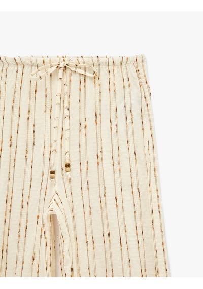 Koton Koton X Şahika Ercümen - Beli Bağcıklı Geniş Paça Müslin Kumaş Pantolon Kahverengi Çizgili 6sak40260ew