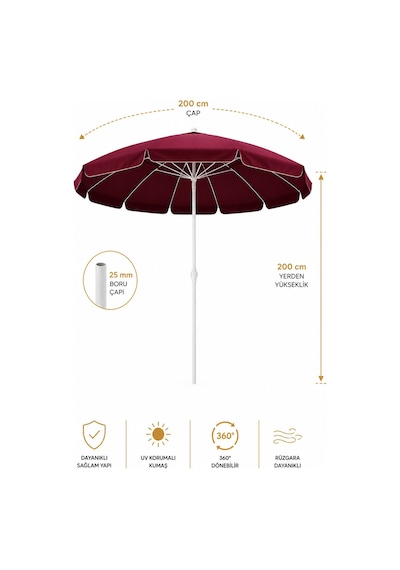 Bordo 200 Cm Çap/10 Telli Plaj Şemsiyesi + Şemsiye Kılıfı, Bidonsuz
