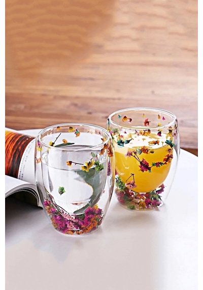 Tilbe Home 2'li Çift Cidarlı Flower Cup 250ml Çiçekli Bardak Kahve Çay Bardağı El Yapımı Cam Bardak Çiçekli