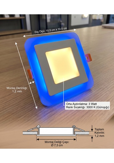 Kare Sıva Altı Led Spot Aydınlatma 6 Watt Çift Renk 3 Kademe Mavi Günışığı Gece Lambası Armatür