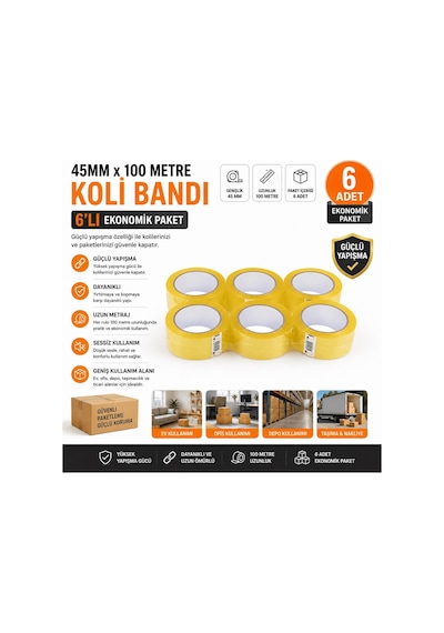 45 Mm X 100 Metre Koli Bandı Şeffaf 6'lı Ekonomik Paket Güçlü Yapışkanlı Ambalaj Bandı