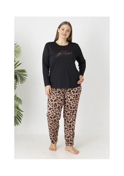 Estiva Kadın Kaplan Alt Desenli Soft Uzun Kollu Battal Pijama Takımı Çok renkli