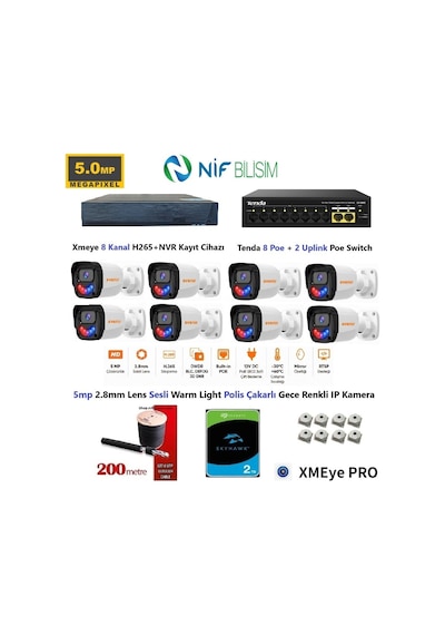Xmeye 5mp 2.8mm Sabit Lens Polis Çakarlı Sesli Ve Gece Renkli 8 Kameralı Ip Kamera Seti 2tb Disk