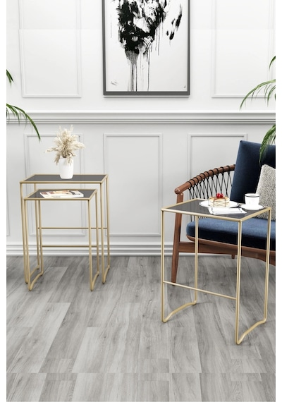 Retro 3 Lü Zigon Füme Camlı Gold Sehpa, Metal Sehpa, Salon, Yatak Odası, Antre Altın