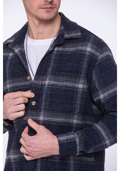 Oversize Oduncu Yumuşak Dokulu %100 Cotton Kareli Hediye Kutulu Erkek Gömlek Fs-002201 - Lacivert-1735