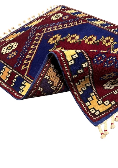 El Dokuma Kız Bergama Halısı 69x94 Kök Boya Lacivert Bordo %100 Yün Halı