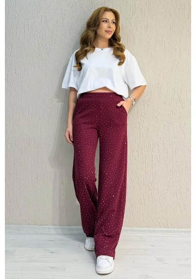 Fiolin Soft Touch Modal Kumaş Taş İşlemeli Pantolon Bordo