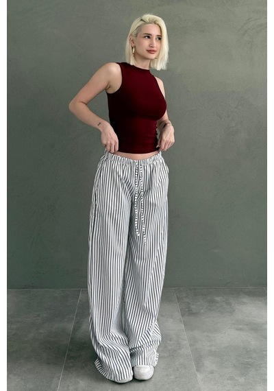 Madmext Beyaz Beli Ayarlanabilir Çizgili Cepli Bol Paça Kadın Pantolon Mg2312 Beyaz