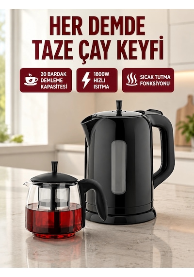Mey İthalat Çaycı Cam Demlikli 1800w Güçlü Ve Sıcak Tutmalı Elektrikli Çay Makinesi