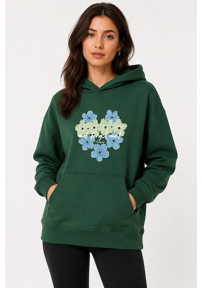 Herkesemoda Kalp Çiçek Baskılı Kapüşonlu 2 İplik Şardonlu Sweatshirt Yeşil