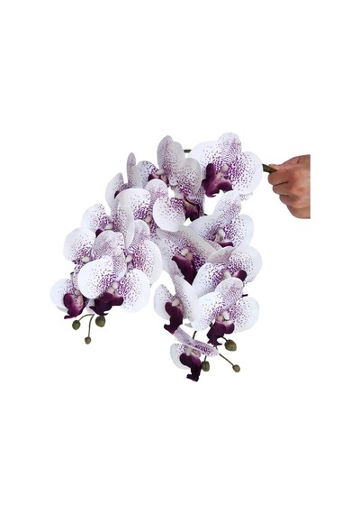 4lü Set Yapay Çiçek Beyaz Mor Çilli Islak Orkide Ve 2 Adet Orkide Yaprağı Gerçeksi Doku Uzun Dal 90cm