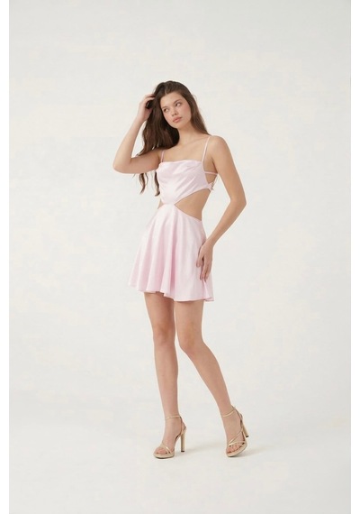 Holly Lolly Sırt Dekolteli Saten Mini Sheri Elbise Pembe