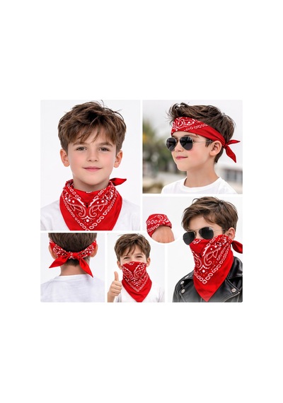 Linabloom Kırmızı Kovboy Fuları Çocuk Bandana Western Desenli Boyun Fuları