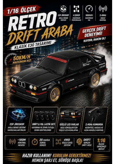 1/16 4wd 50 Km Hızlı E30 Rc Drift Uzaktan Kumandalı Yedek Lastikli Oyuncak Drift Araba Siyah