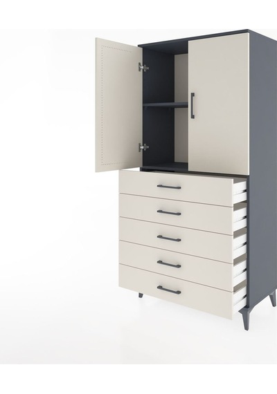 Hyperion Dolap 2 Raflı 5 Çekmeceli 2 Kapaklı 88x44x182 Antras... Antrasit