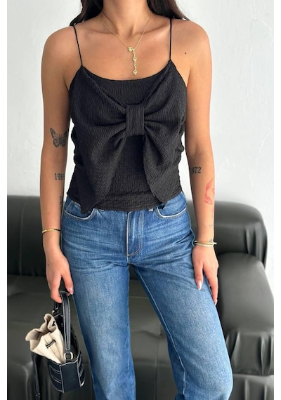 Kadın Fiyonk İnce Askılı Triko Atlet Romantik & Dokulu Stil Siyah