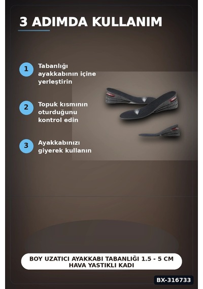 Boy Uzatıcı Ayakkabı Tabanlığı 1.5 - 5 Cm Hava Yastıklı Kadın Erkek Uyumlu 1 Çift Bx-316733 Çok renkli