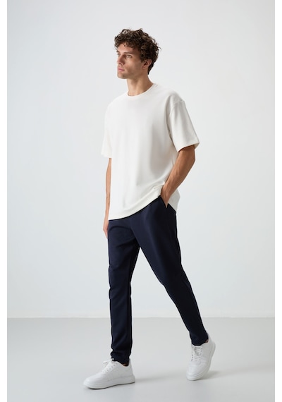 Tommy Life Ekru - Lacivert Pamuklu Kalın Yumuşak Dokulu Oversize Fit Basic Erkek Eşofman Takım - 85251 Ekru
