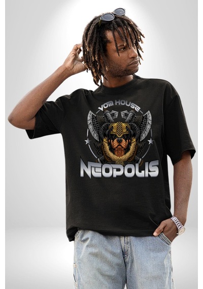 Neopolis Rottweiler Viking Pamuklu Bisiklet Yaka Unisex Oversize Boyfriend Dijital Baskılı Siyah T-shirt Siyah
