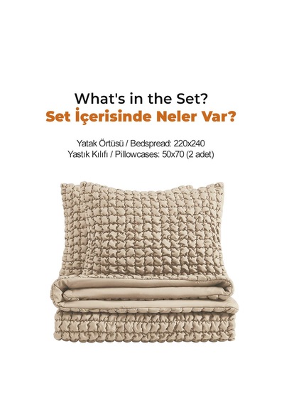 Evlen Home Collection Kadife Stacy Yatak Örtüsü Seti Çift Kişilik Elyaf Dolgulu Yumuşak 3 Parça Bej