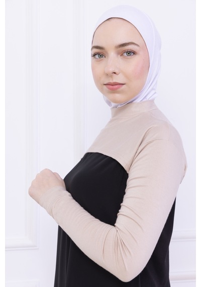 Loggia Balıkçı Yaka Boyunluklu Kolluk Bej - Likralı Dik Yakalı Kadın Body Tesettür Crop Bolero Bej