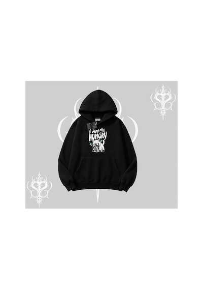 Tarzsokak Am Hungry Kedi Baskılı Kapşonlu Sweatshirt Siyah