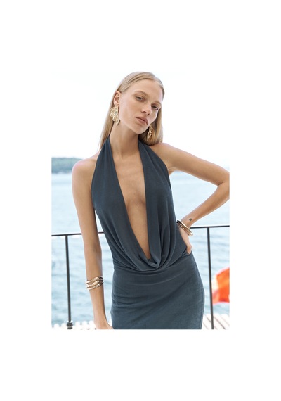 Mai Collection Mai Studios Co. Fahmin Degaje Yaka İndigo Uzun Elbise İndigo