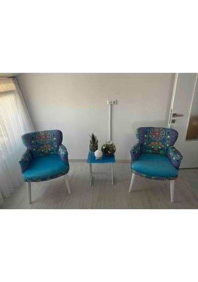 Azra Mobilya Berjer Set - Cafe - Balkon - Bahçe - Ofis Mobilyası Etnik Desen Turkuaz