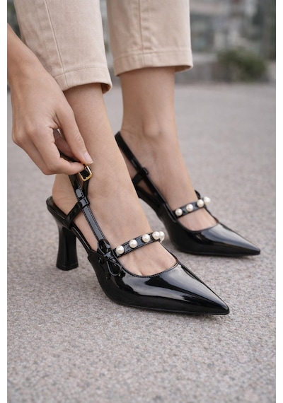 Modaonn Kadın Sivri Burun İnci Detaylı Slingback İnce Topuk Rugan Ayakkabı Siyah