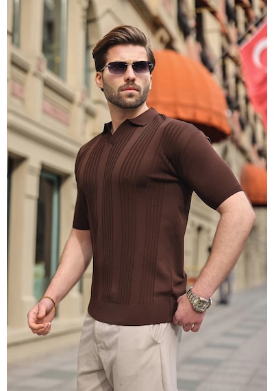 Madmext Kahverengi Polo Yaka Triko Erkek Tişört E7469 Kahverengi
