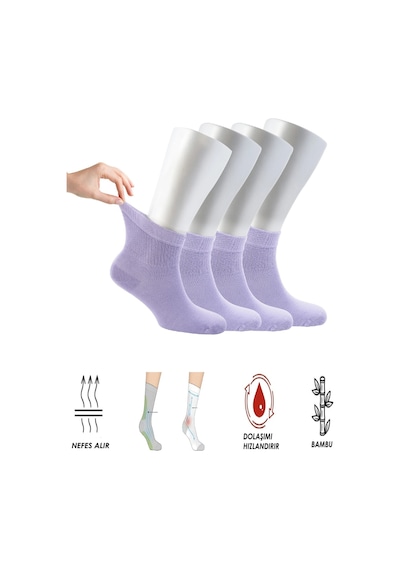 Ozzy Socks Kadın 4 Çift Bambu Lastiksiz Sıkmayan Diabetik Bilek Çorap Lila