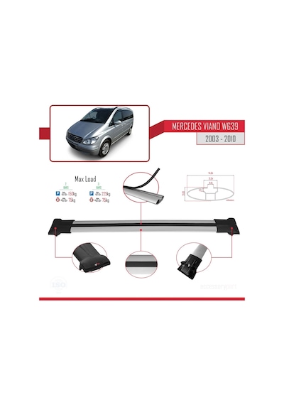 Mercedes Viano 2003-2010 Arası İle Uyumlu Fly Model Ara Atkı Tavan Barı Gri