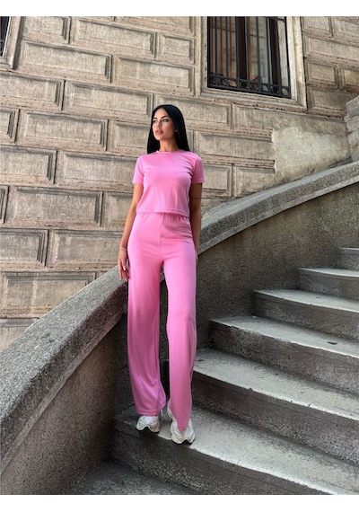 WeShaya Pembe Modal Polyester Palazzo Cepli Takım Pembe