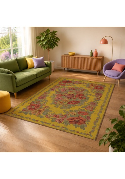 Kartela Halı Karabağ Halı Jüt Taban Dokuma Halı Hardal Sarısı - 80 X 120 Cm